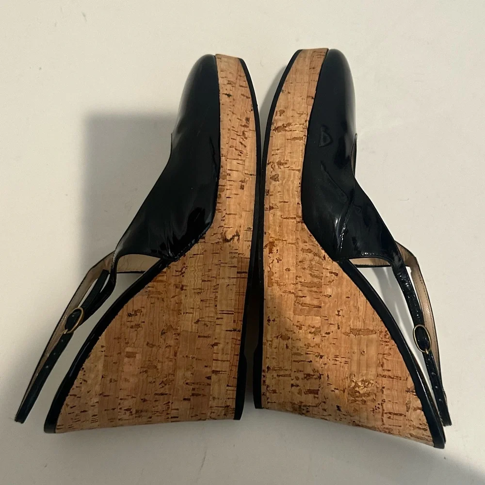 Yves Saint Laurent YSL Black Patent Leather Slingback Cork Wedge Platform EU 40